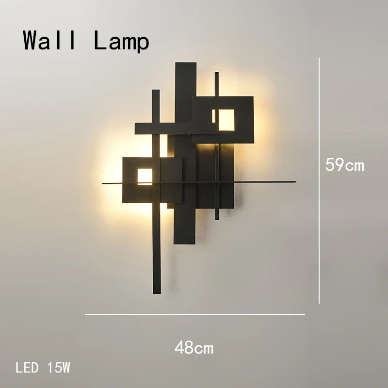 Modern wall lamp with geometric design on a gray background, showing dimensions.