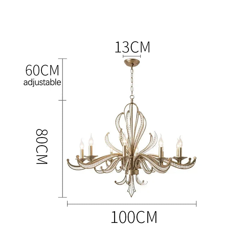 Chandelier with dimensions labeled on a white background