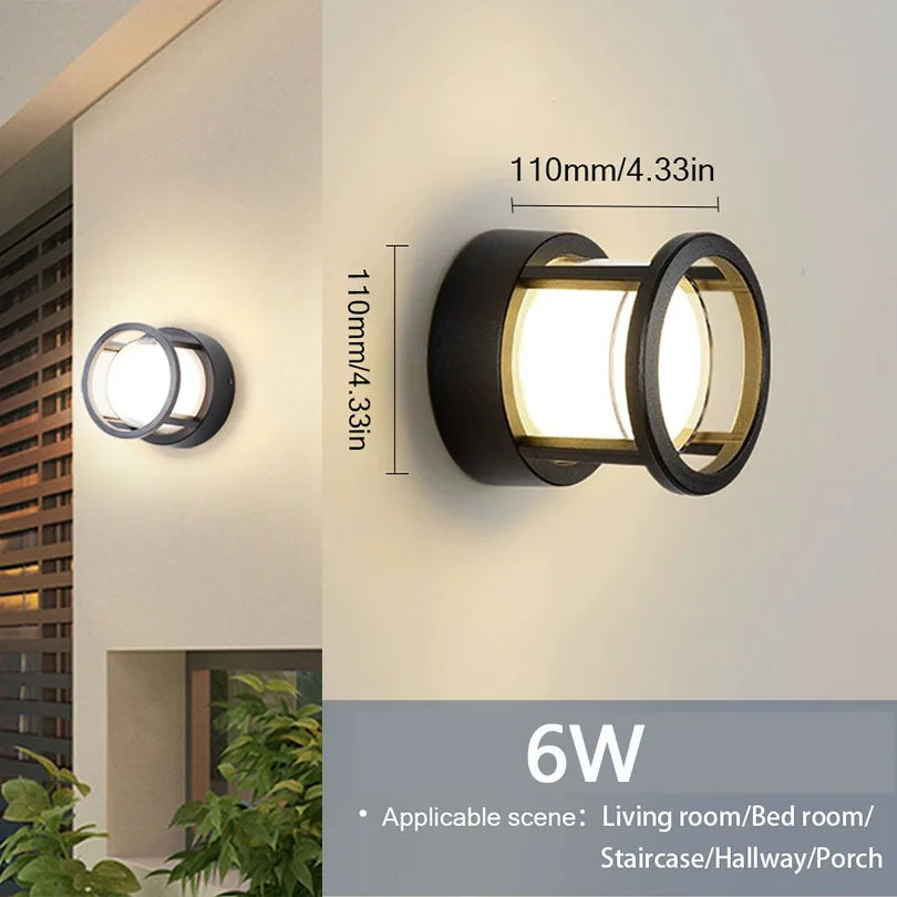 Outdoor wall light fixture with dimensions and application areas on a neutral background