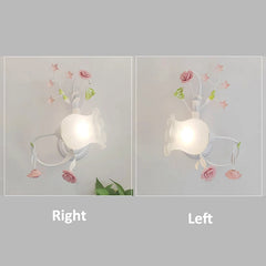 Two images side-by-side showing the left and right facing orientations of a white floral rose bud wall sconce.