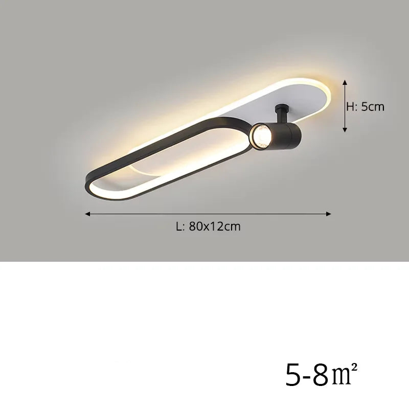 Modern ceiling light fixture with dimensions and power rating on a gray background