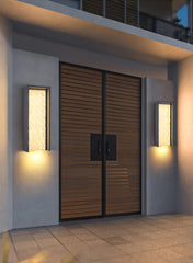 Modern wooden gate with wall-mounted lights on a building facade