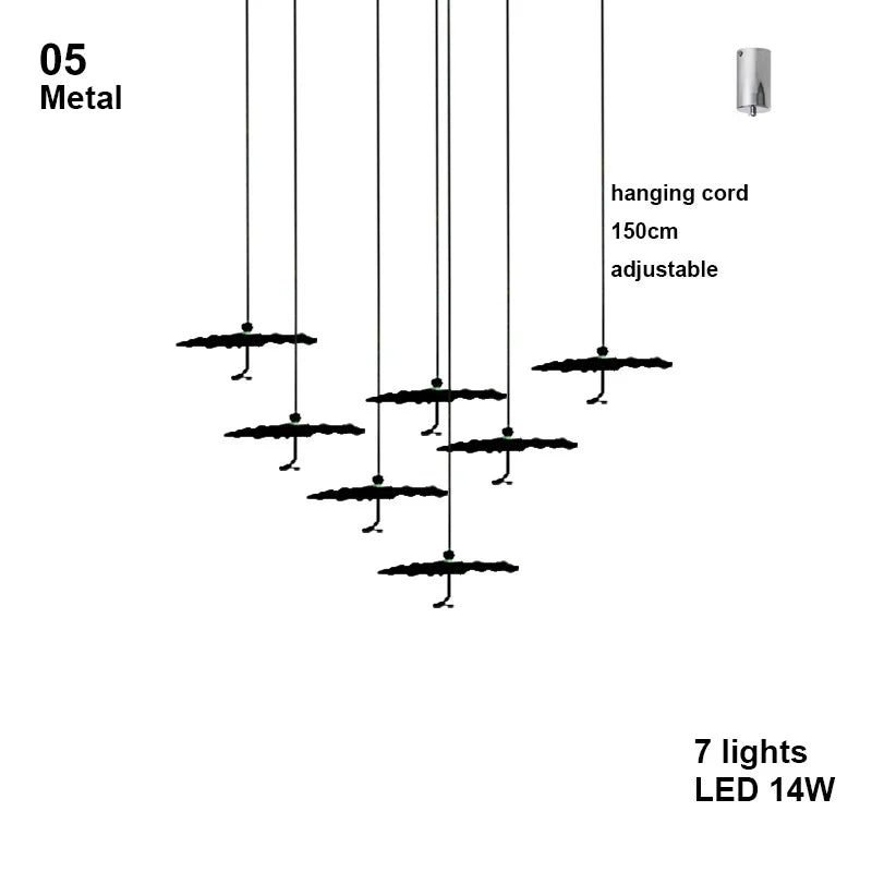 Diagram of a metal pendant light fixture with hanging cord and LED lights.