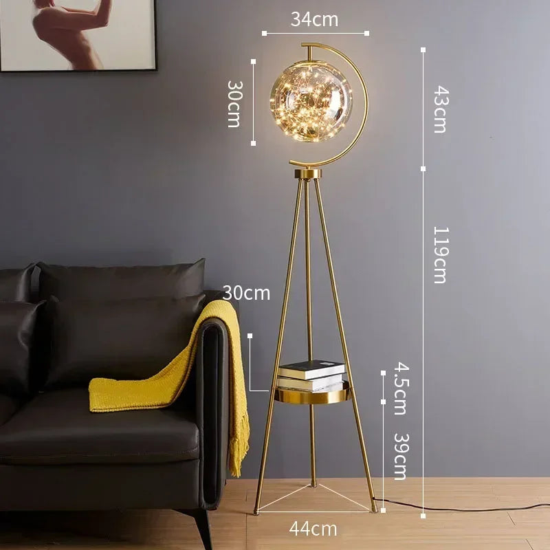 Gold floor lamp with measurements in a living room setting