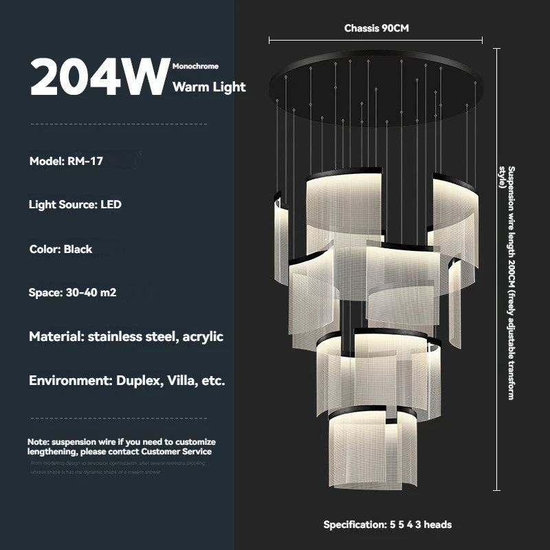 Modern chandelier with technical specifications on a dark background