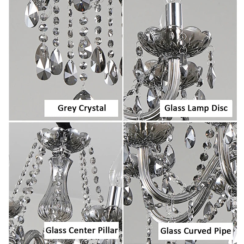 A four-panel image showing close-ups of the chandelier components: grey crystal droplets, glass lamp disc, glass center pillar, and glass curved pipe.