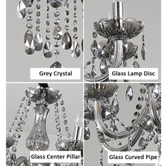 A four-panel image showing close-ups of the chandelier components: grey crystal droplets, glass lamp disc, glass center pillar, and glass curved pipe.