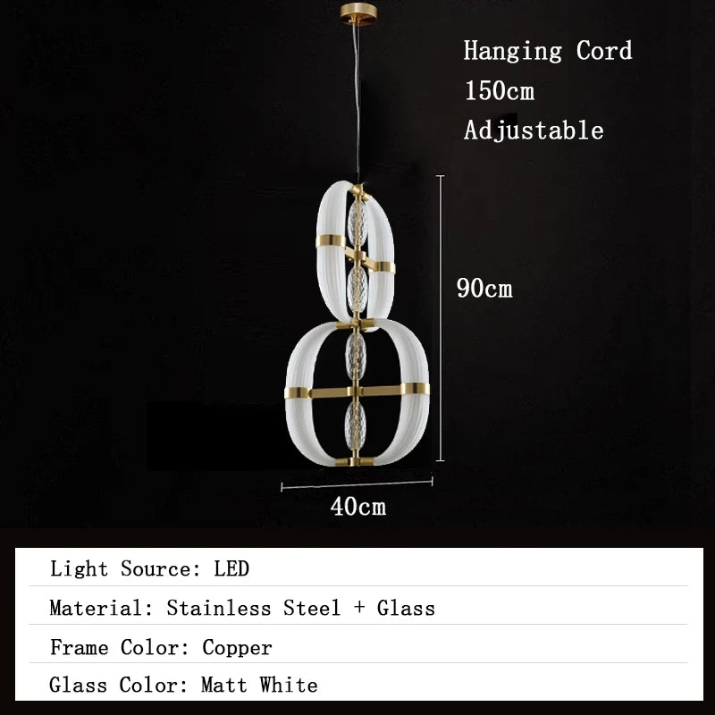 Pendant light with dimensions and material details on a black background