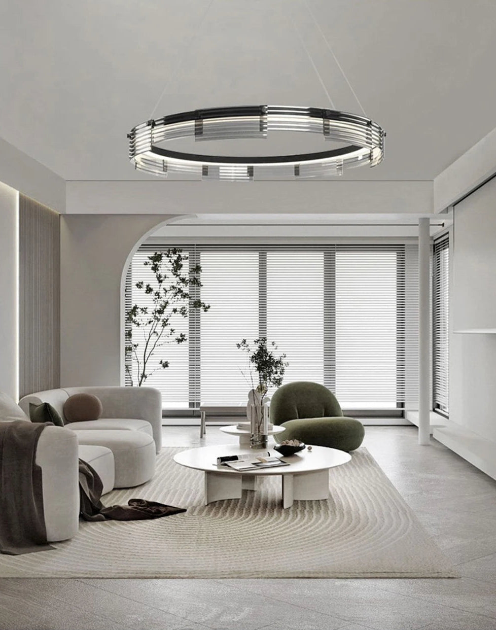 Modern living room with a ceiling light fixture, sofa, and coffee table.
