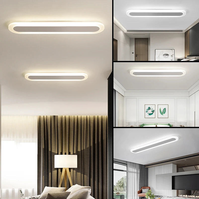 Collage of images showing the oval-shaped ceiling light in various interior settings.