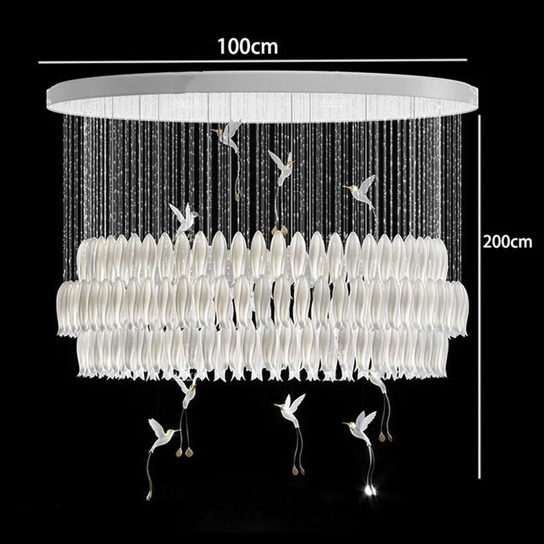 Chandelier with dimensions indicated on a black background