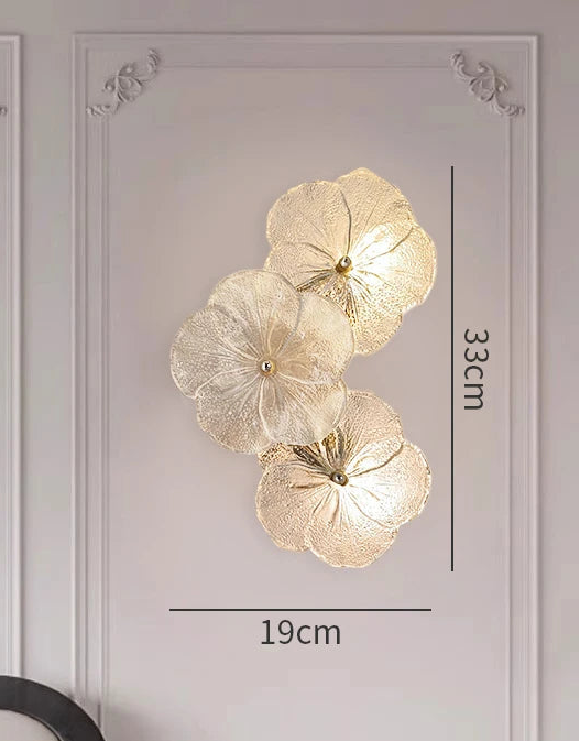 Wall-mounted floral light fixture with dimensions and specifications on a gray wall background