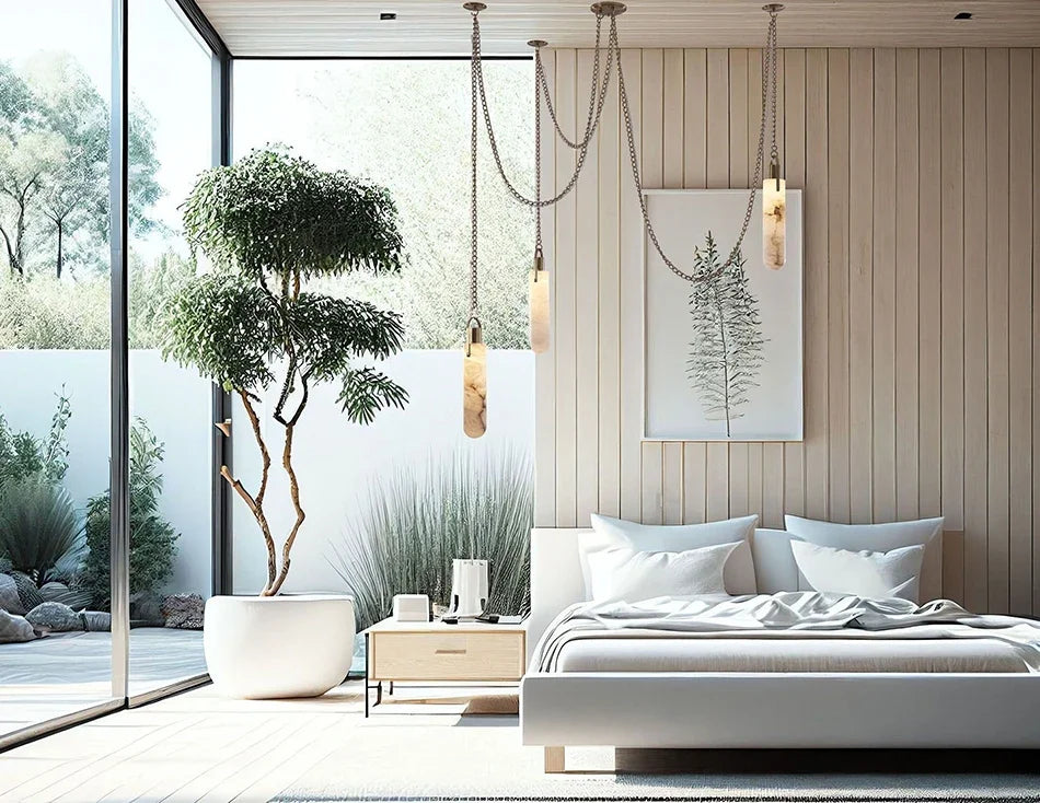 Modern bedroom with wooden walls, a bed, and decorative elements.