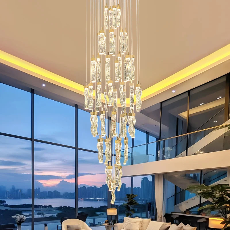 Chandelier hanging in a modern living room with cityscape view