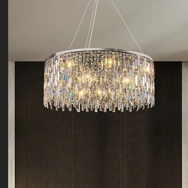 Crystal chandelier hanging against a dark background