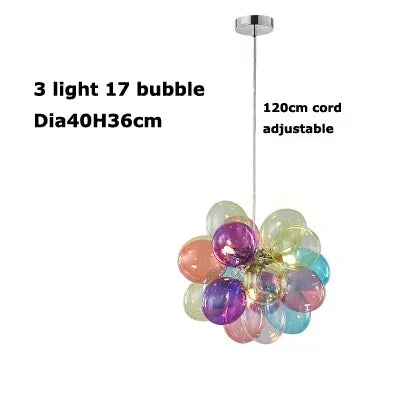 Colorful bubble pendant light with specifications on a white background