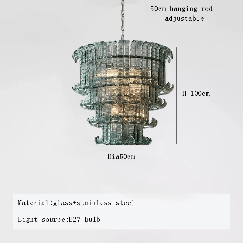 Decorative pendant light with dimensions and material details on a white background