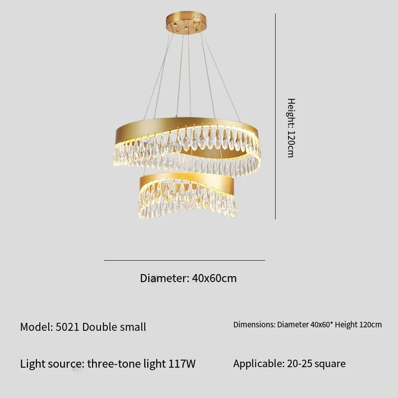 Gold chandelier with crystal accents on a light gray background, featuring dimensions and model details.