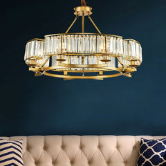 A different angle of the gold crystal ring chandelier pendant light in a well-lit room.