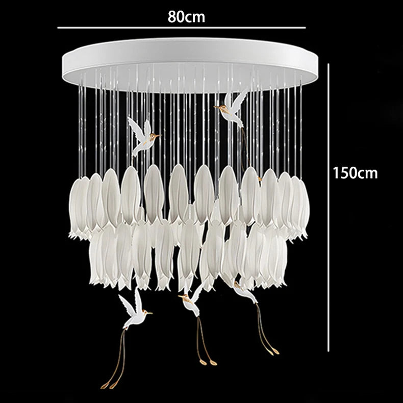 Chandelier with bird design and dimensions labeled on a black background