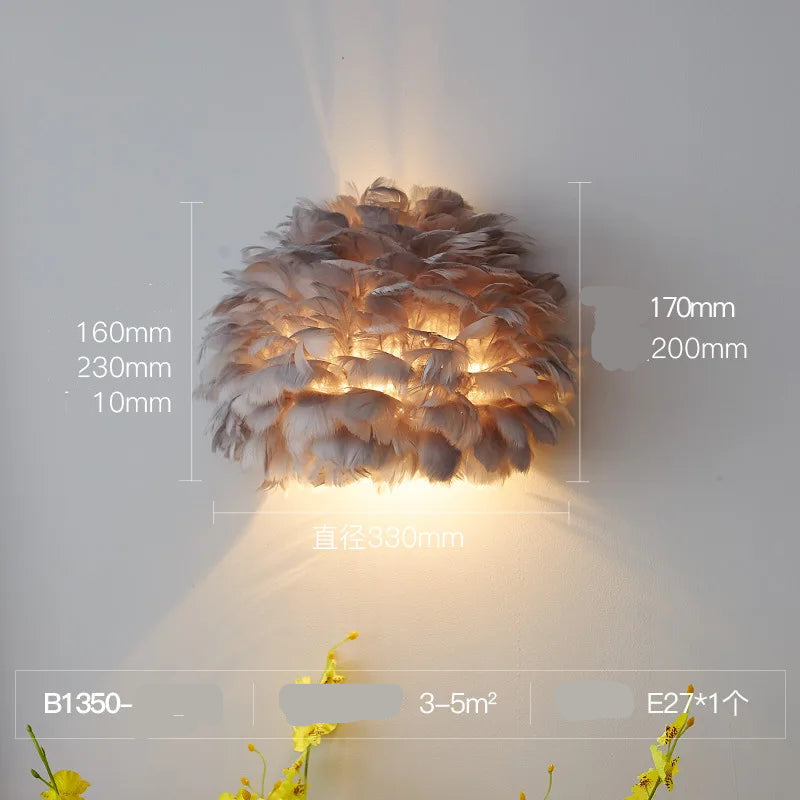 Wall-mounted lamp with feather design on a light gray wall, featuring dimensions and product details.