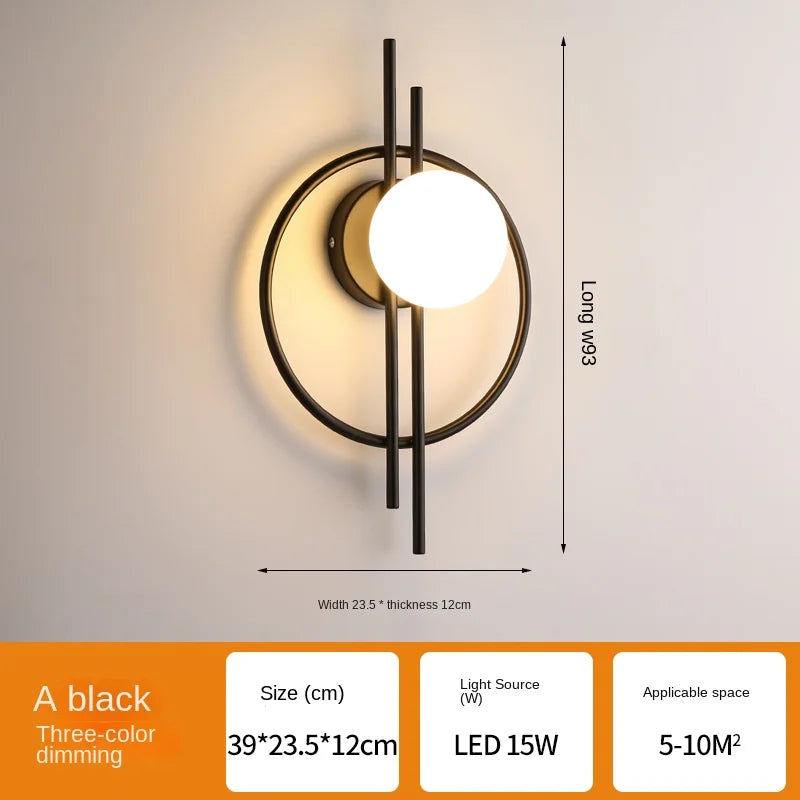 Modern wall lamp with dimensions and specifications on a gray background