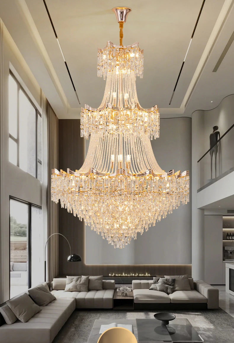 Large crystal chandelier hanging in a modern living room.