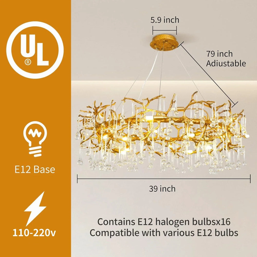 Diagram showing the dimensions and electrical specifications of the gold branch crystal chandelier.