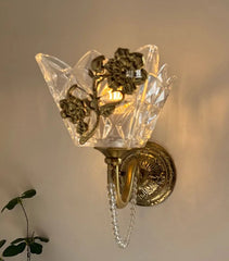 Gold Floral Sconce with Clear Crystal Chain and Embossed Base