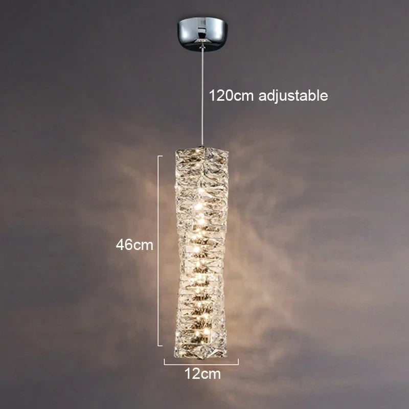 Crystal pendant light with adjustable feature and measurements on a dark background