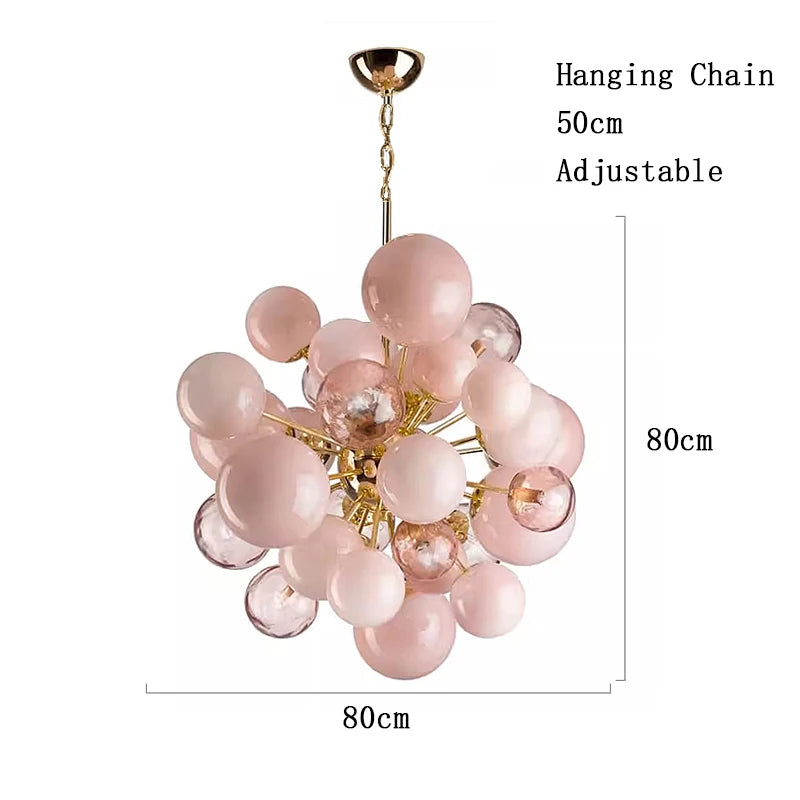 Pink bubble chandelier with dimensions on a white background