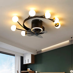 Black ceiling fan light fixture with multiple globes and a central fan on a white ceiling