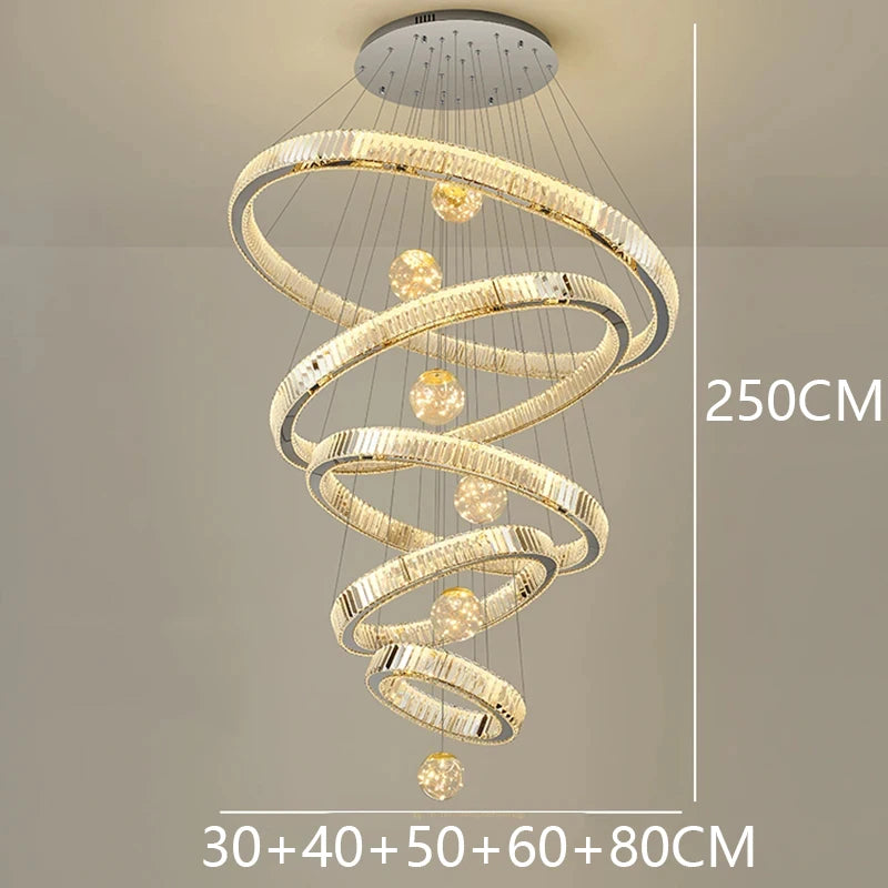 Chandelier with spiral design and dimensions on a neutral background