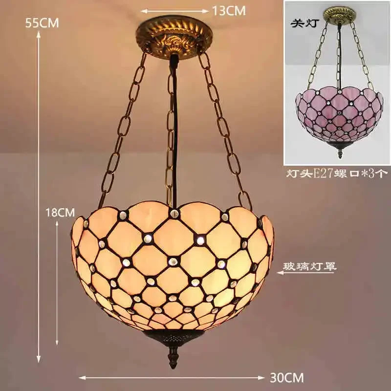 A beige Tiffany-style pendant light with a diamond pattern and metal accents, shown with dimensions of 55cm height and 30cm width.