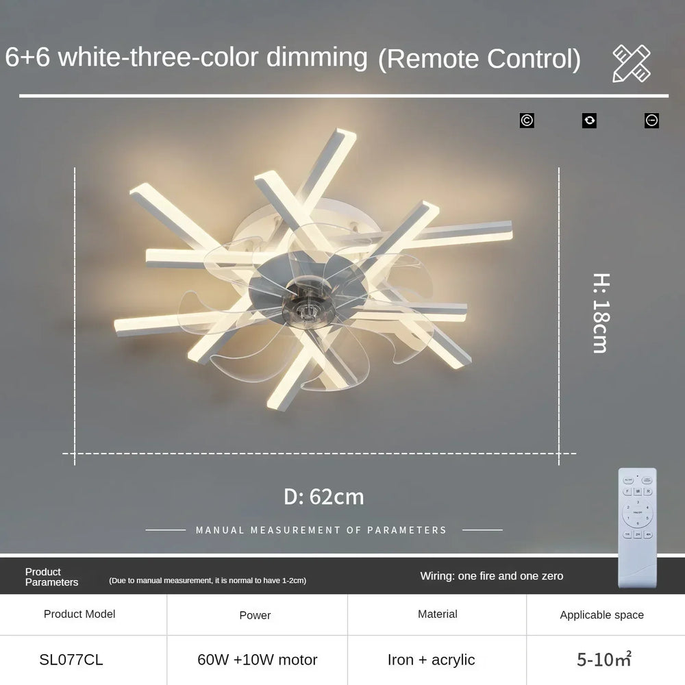 Ceiling light fixture with remote control, dimensions, and product details displayed.