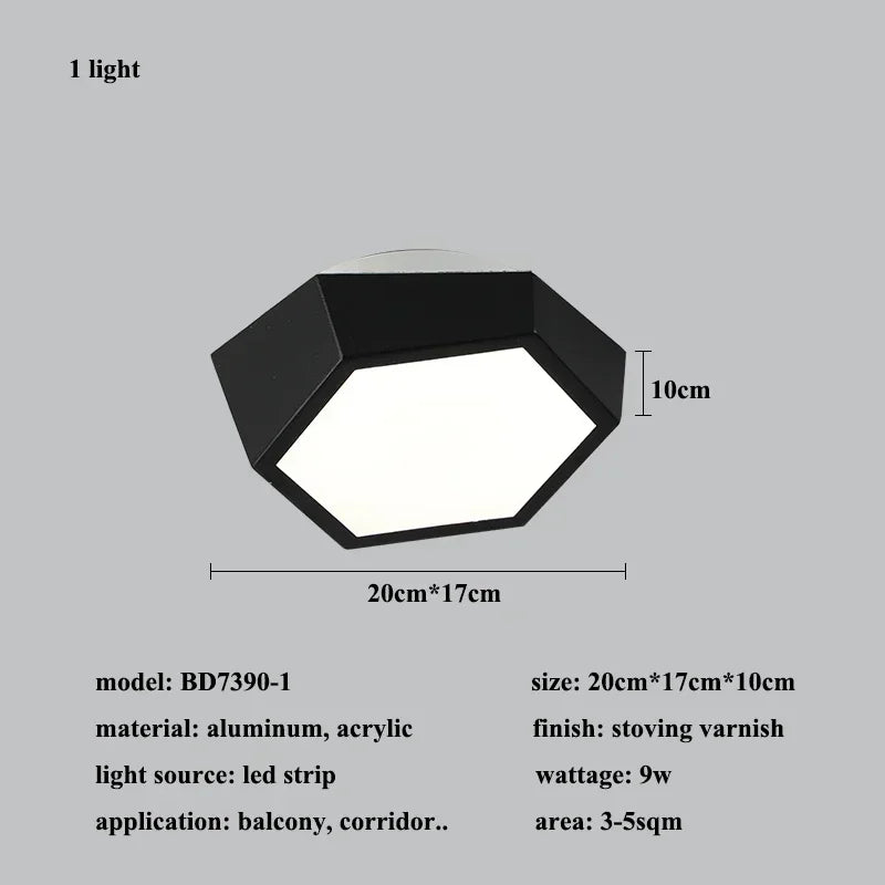 Black geometric ceiling light with dimensions and specifications on a gray background