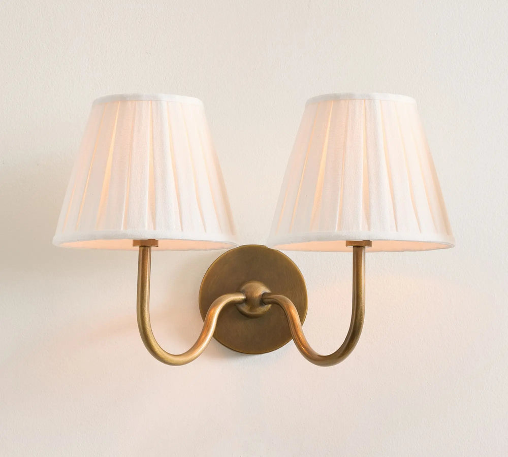 Double wall sconce with white lampshades on a light beige wall