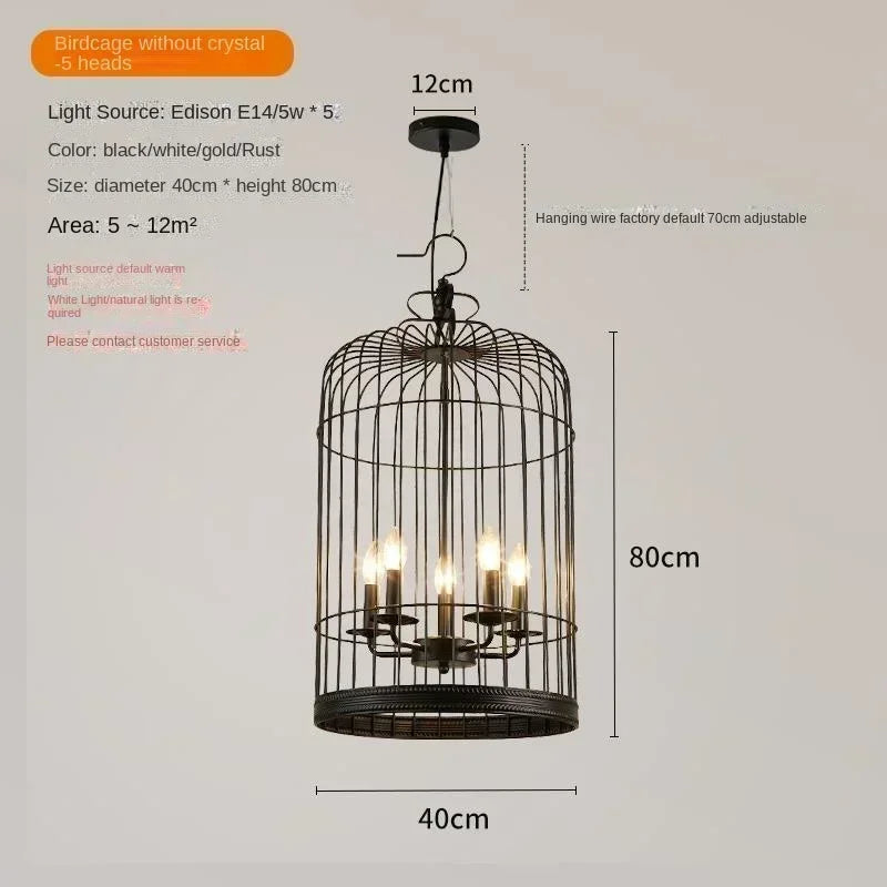 Birdcage-style pendant light with dimensions on a gray background