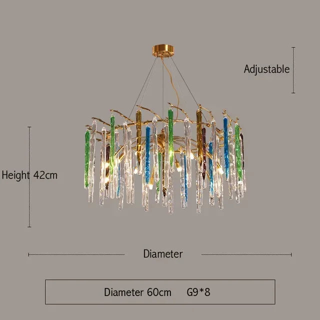 Chandelier with colorful hanging elements on a gray background