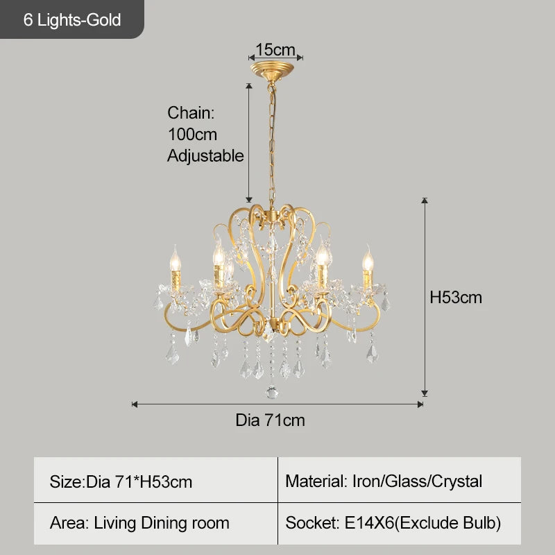 Gold chandelier with dimensions and specifications on a gray background