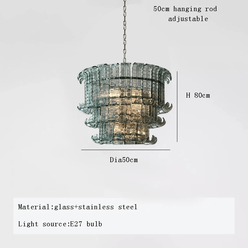 Chandelier with dimensions and material details on a white background