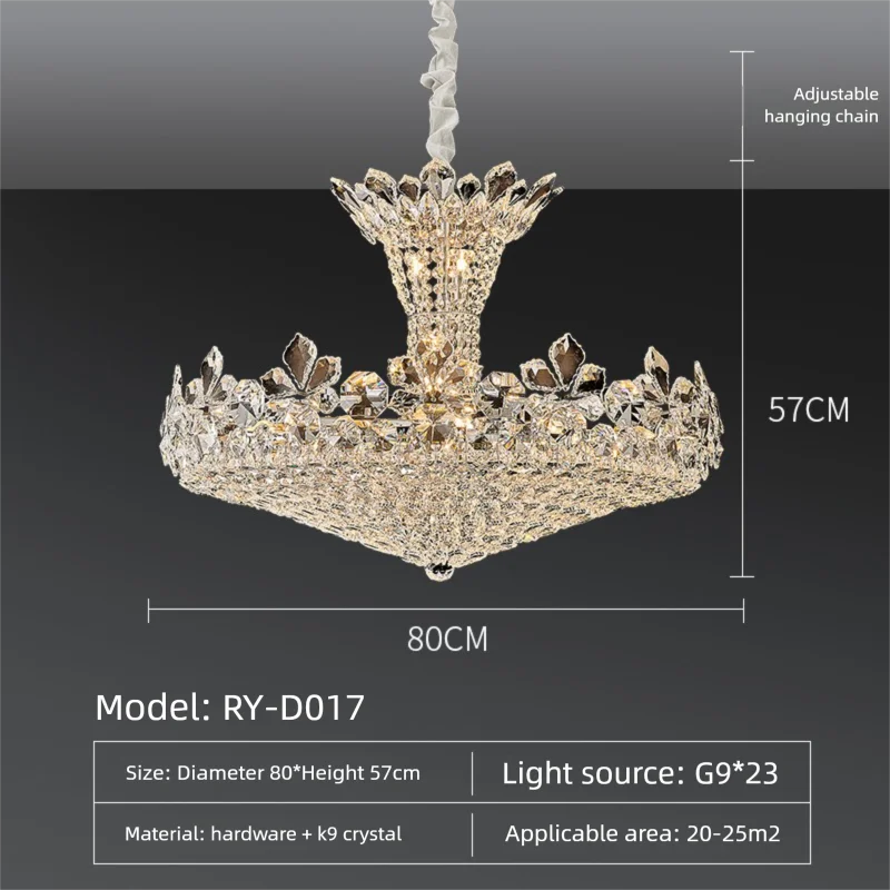 Chandelier with dimensions and specifications on a gray background