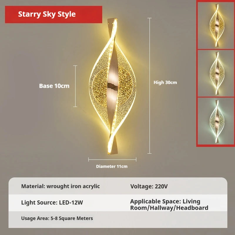 Decorative wall light with dimensions and specifications on a gray background