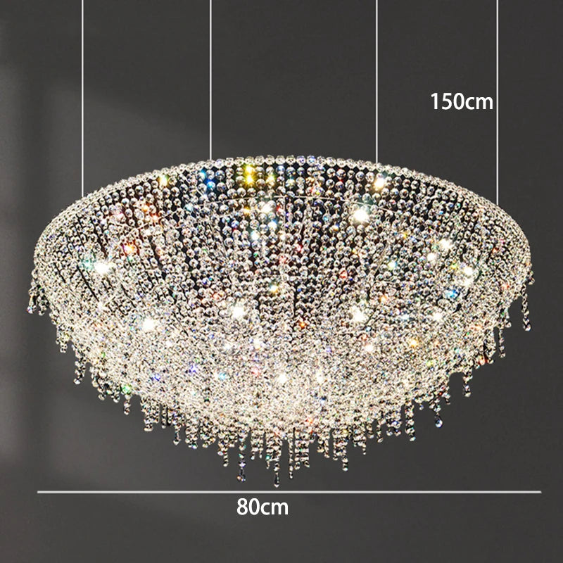 Chandelier with dimensions indicated on a dark background