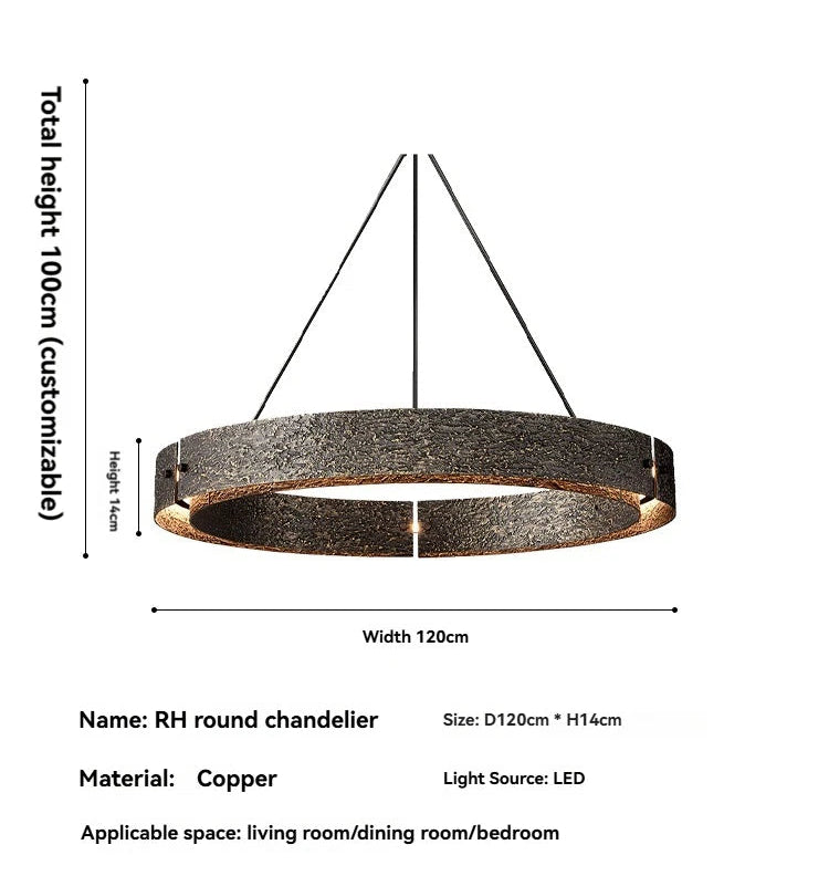 Round chandelier with dimensions and material details on a white background