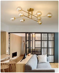 Gold Starburst Semi-Flush Mount Light with Clear Glass Globe Shades