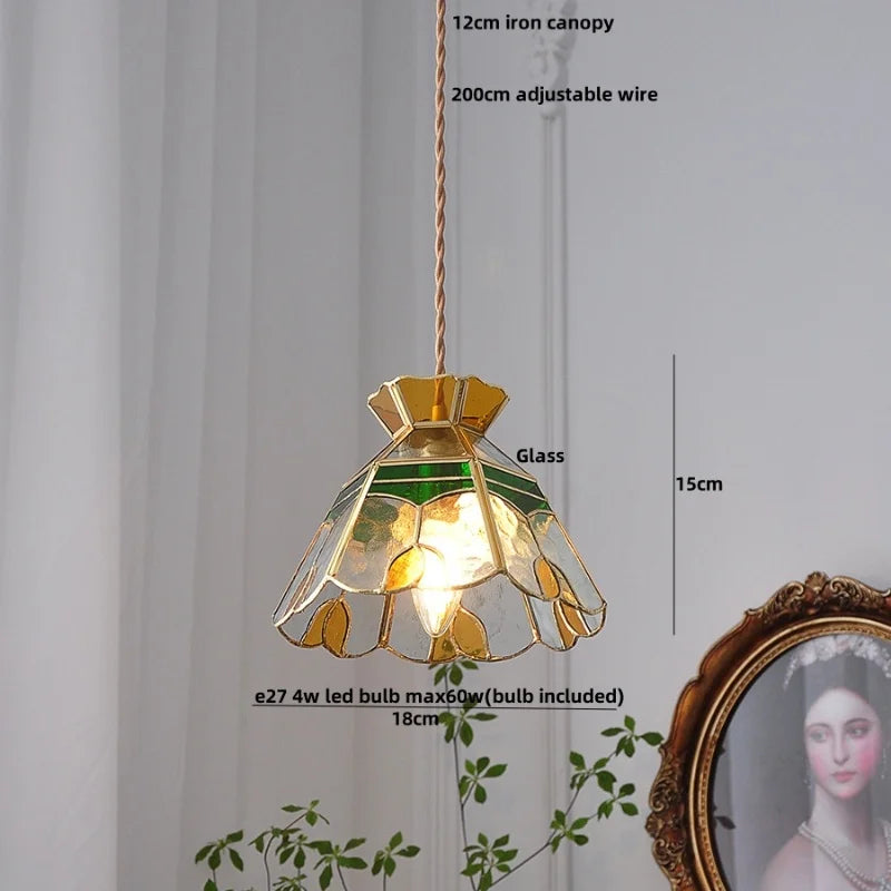 Decorative pendant light with labeled parts and dimensions on a neutral background.
