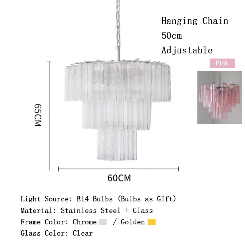 Chandelier with dimensions and material details on a white background