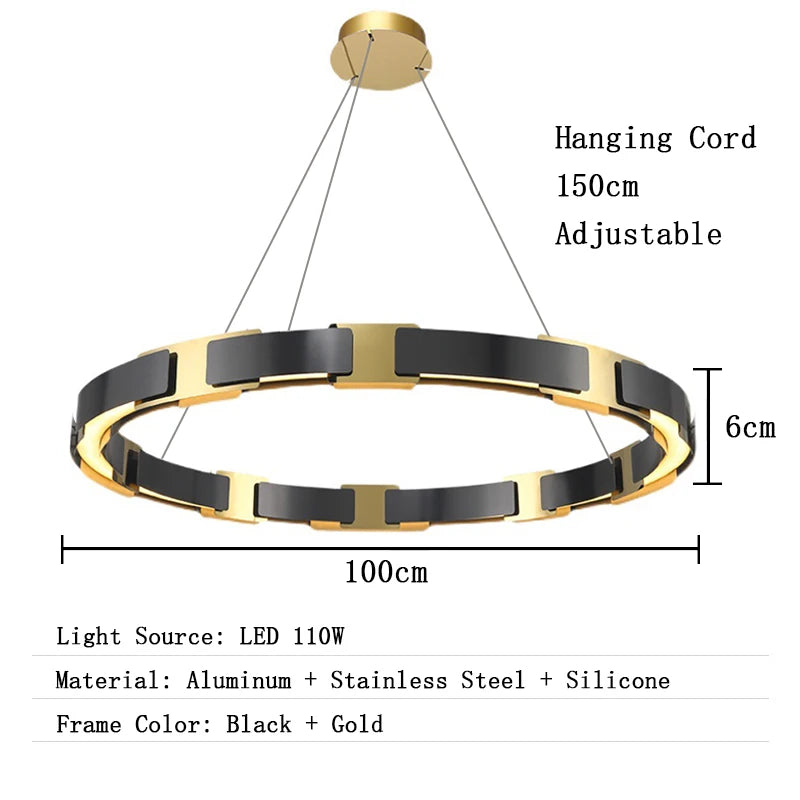 Black and gold pendant light with measurements and specifications on a white background