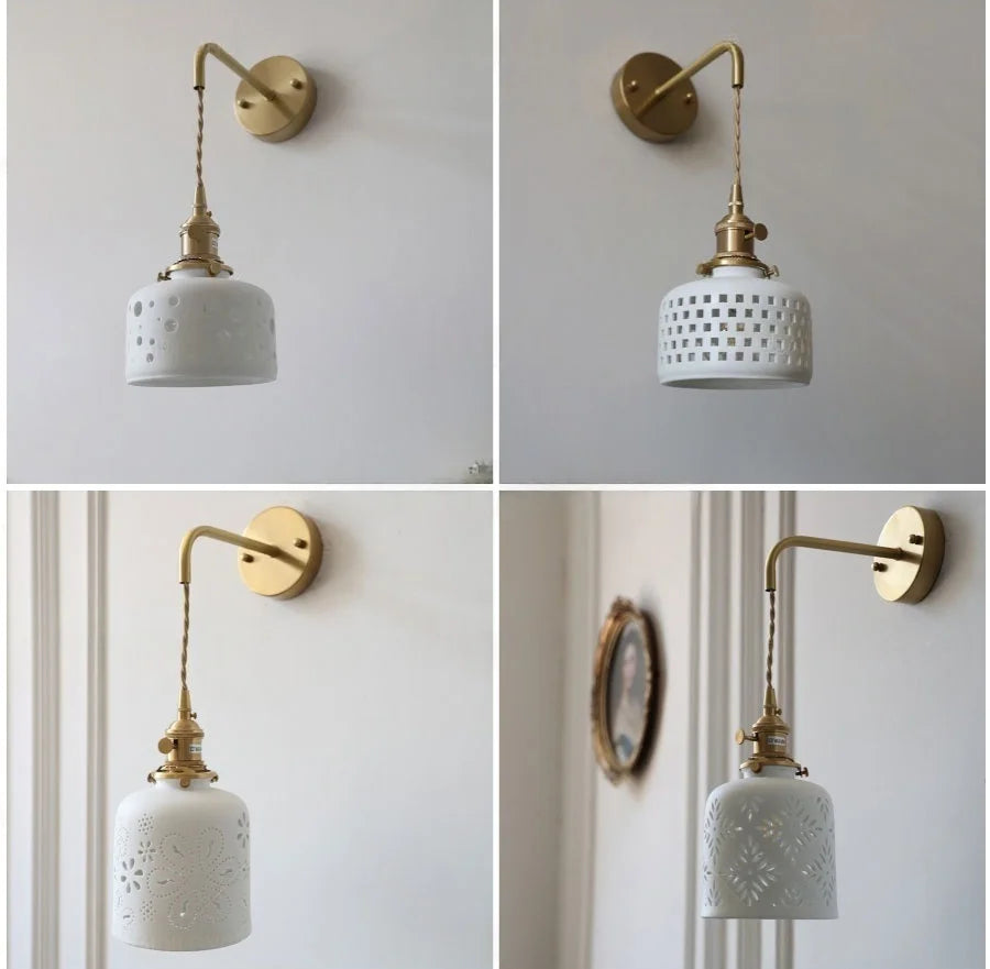 Wall-mounted light fixture with white ceramic shade and gold arm in four different angles.